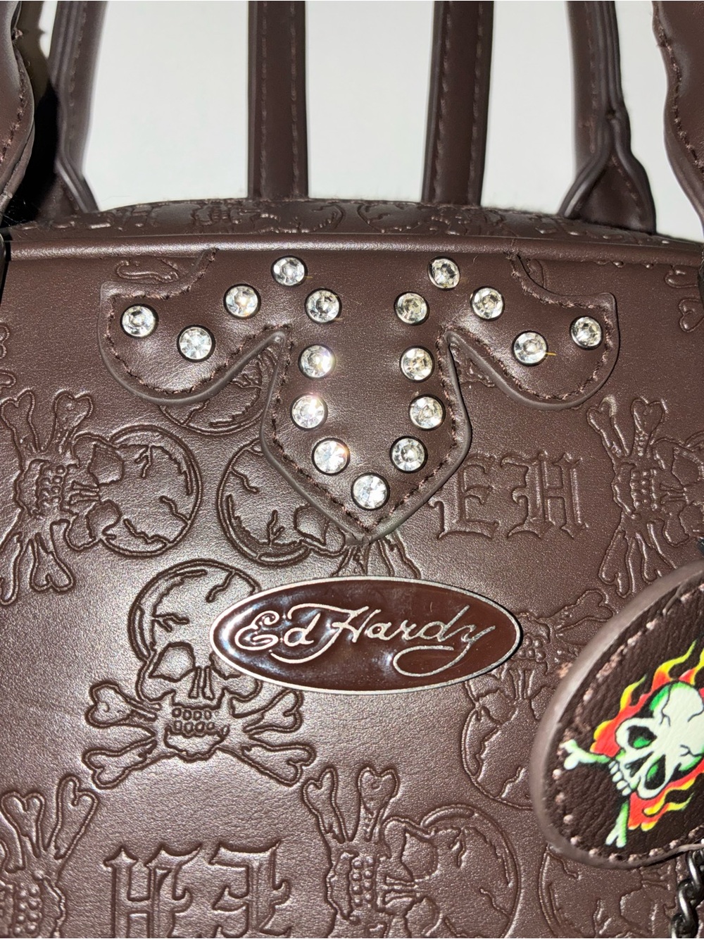 Studded Embossed Brown Women’s Satchel + keychain with pink detail - Picture 4 of 9